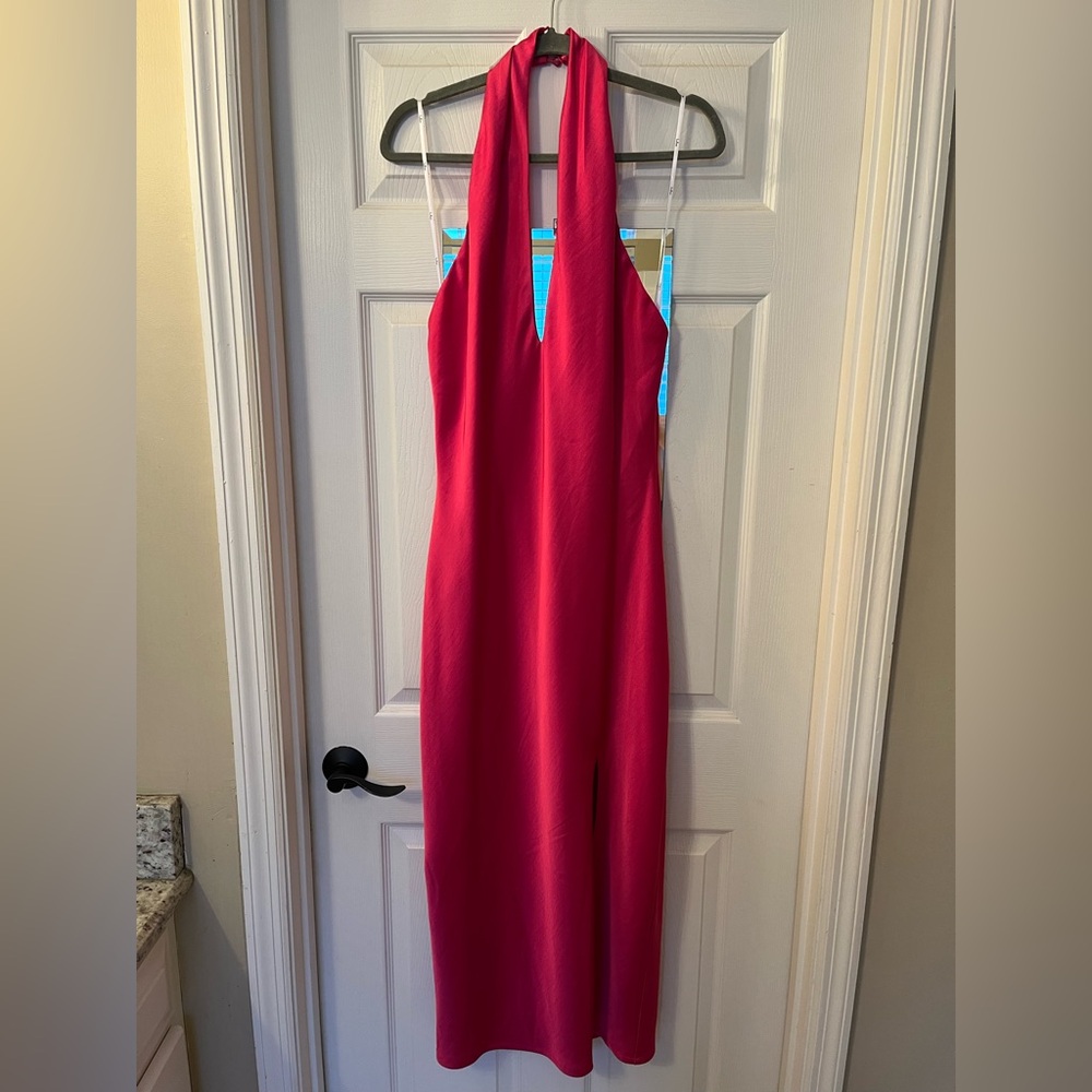 Lulus Beyond Classy Hot Pink Satin Halter Midi Dress - Size L - Picture 2 of 4